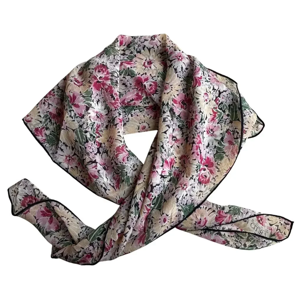 Vintage Club 7 ECHO sheer silk square scarf multicolor floral cottage romantic